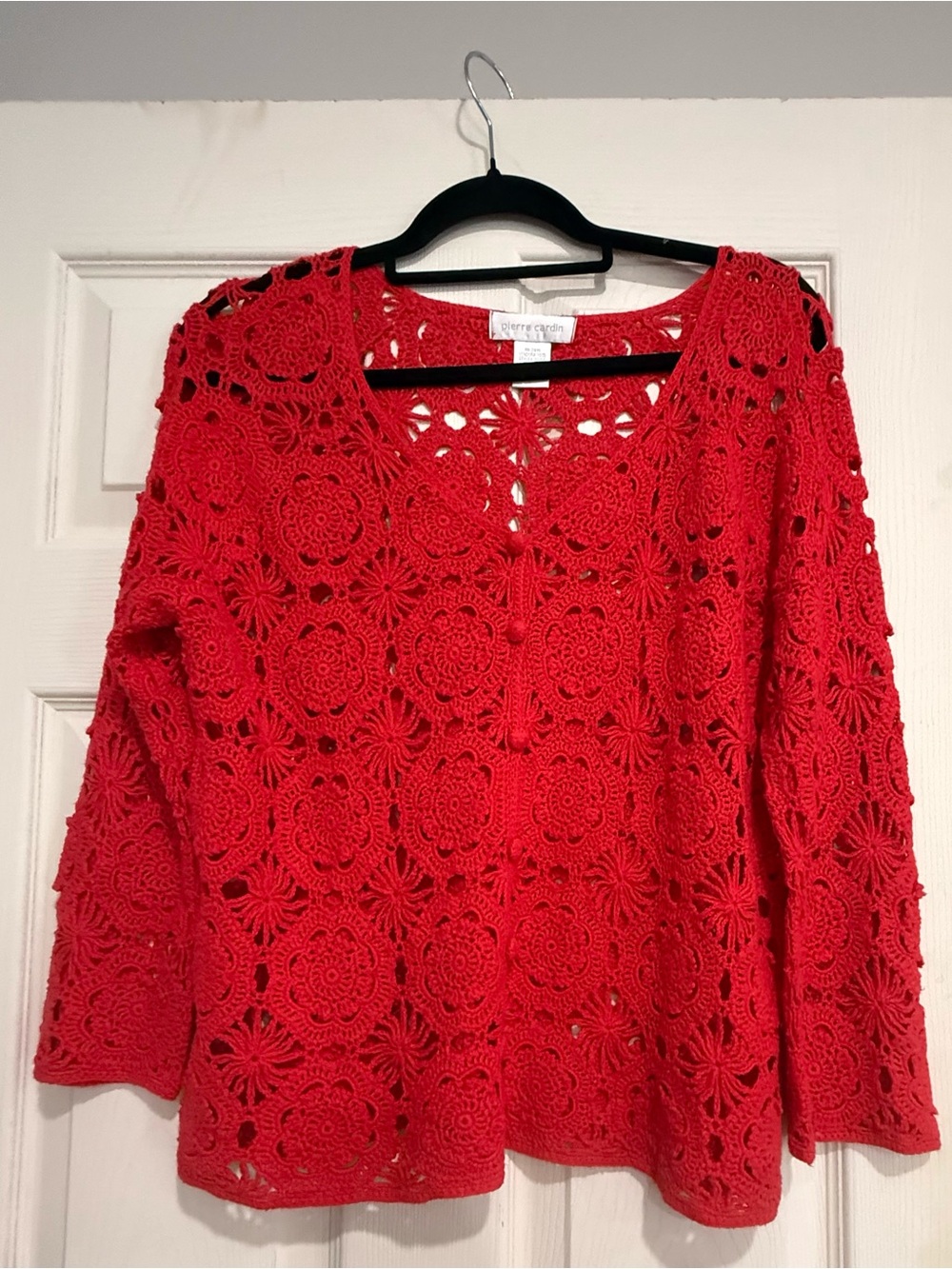 Pierre Cardin Red Crochet Floral Openwork Sweater